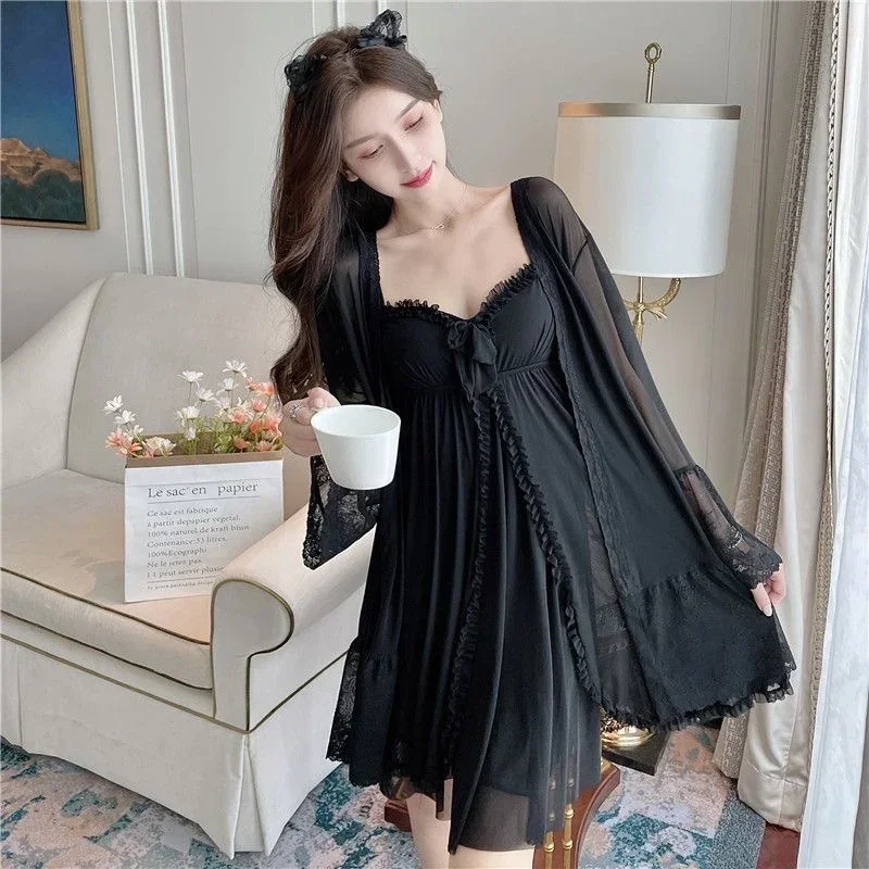 2024 Summer 2PCS Silk Satin Sexy Lace Lingerie Nightgowns Robes Sets For Women Korean Bathrobes Sleepwear Nightdress Night Dress