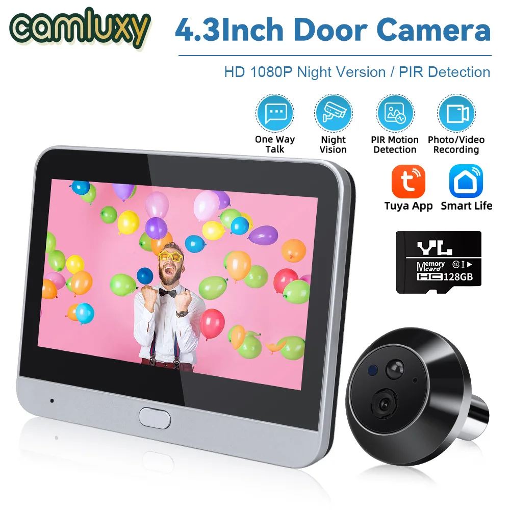 Camluxy Tuya Peephole Video Door Camera with 4.3 Inch Color Monitor 140° Viewing Night Vision Digital Door Viewer for Apartment