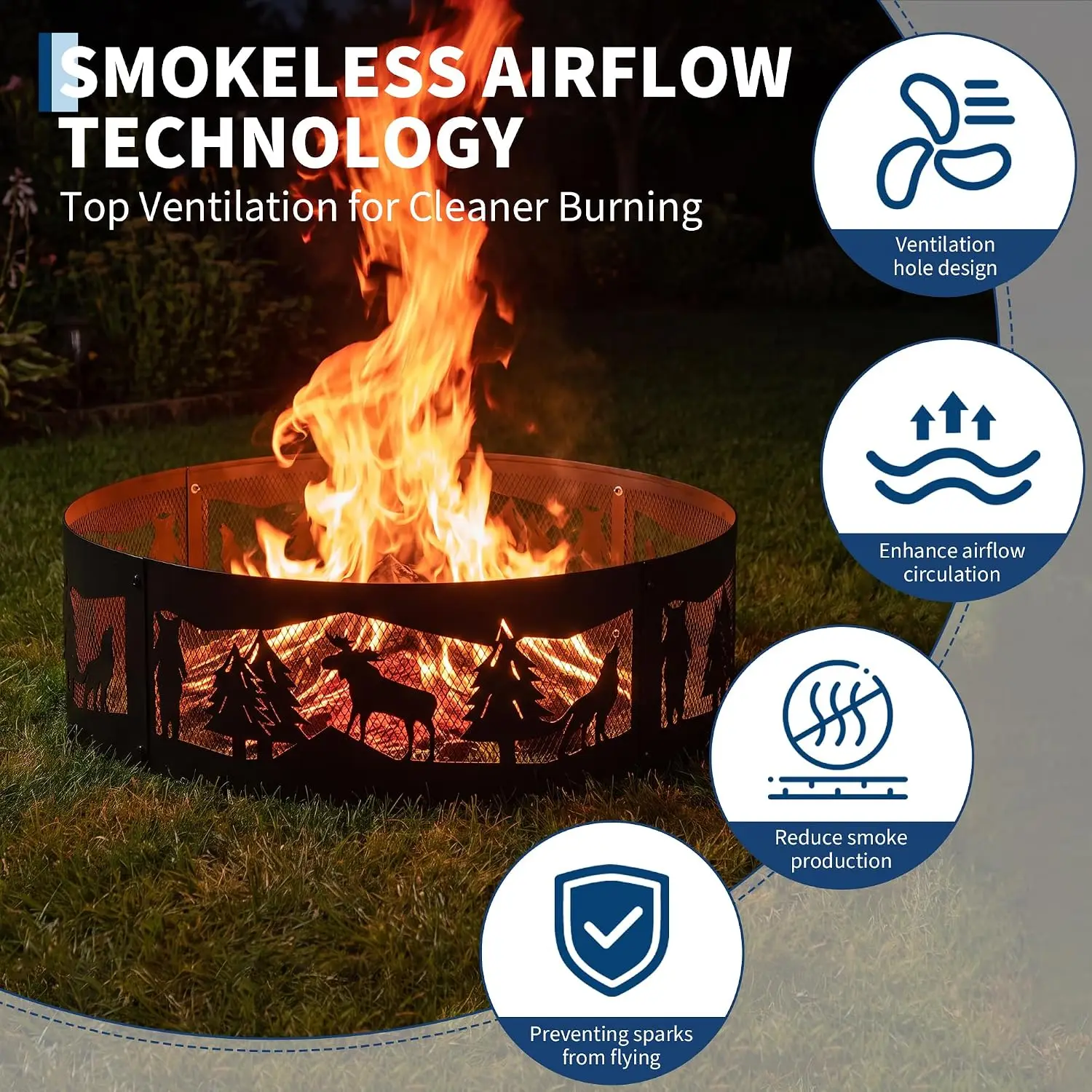 27 Inch Steel Fire Pit Ring with Deer and Forest Cutouts Inner Ventilation Mesh Black Powder Coated Wood Burning DIY Fire Ring Insert for Backyard Camping and Outdoor Gatherings