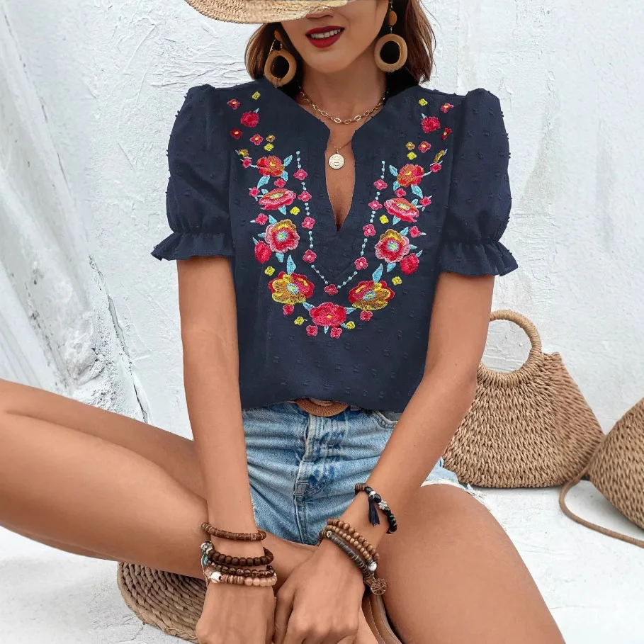

2025 Summer Women V Neck Floral Embroidery Puff Short Sleeve Chiffon T Shirt Tops Vintage Casual Blouses