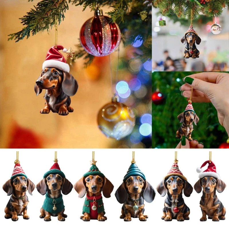 จี้ต้นคริสต์มาสพร้อมเชือกเส้นเล็กอะคริลิค Xmas Dachshund แขวนเครื่องประดับตกแต่งตกแต่งต้นคริสต์มาส Dropshipping