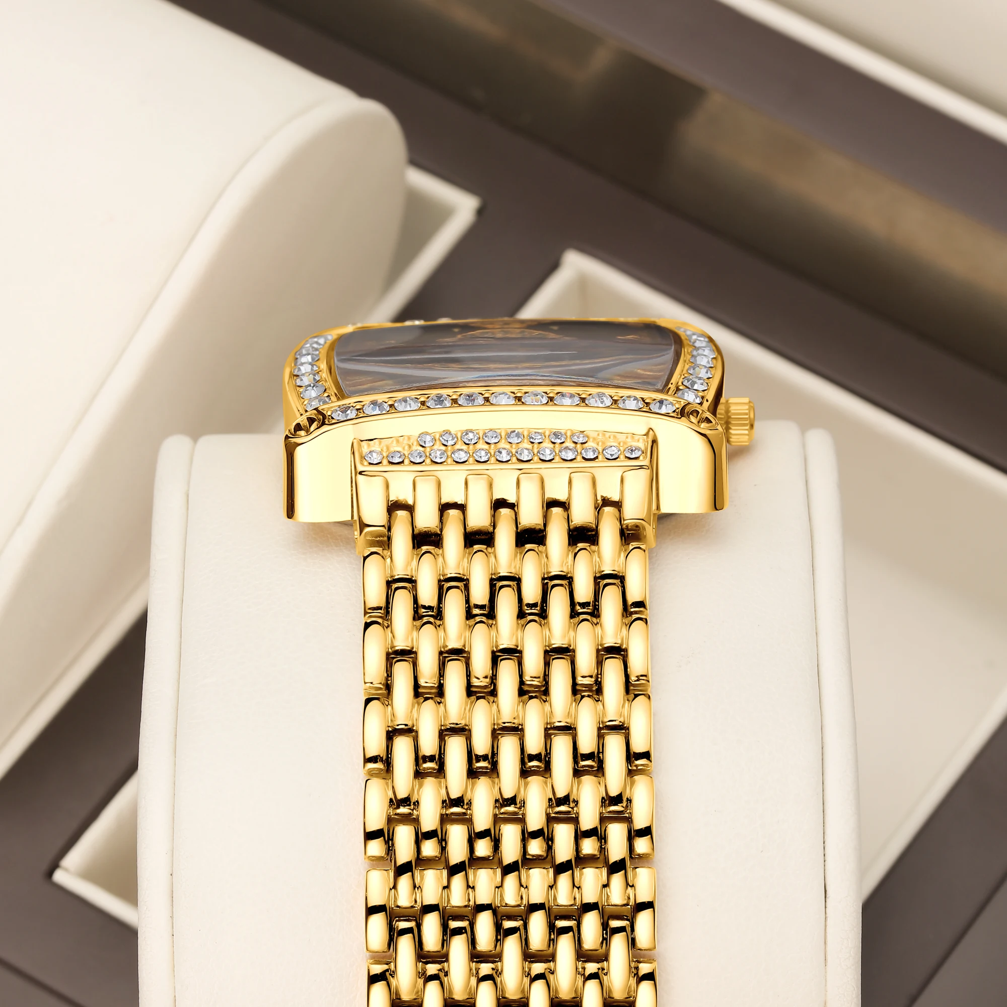 YaLaLuSi Women's Gold Curved Square Diamond Watch Shiny Crystal White Dial Mesh Band Luxury Ladies Quartz Watch Gift for Her