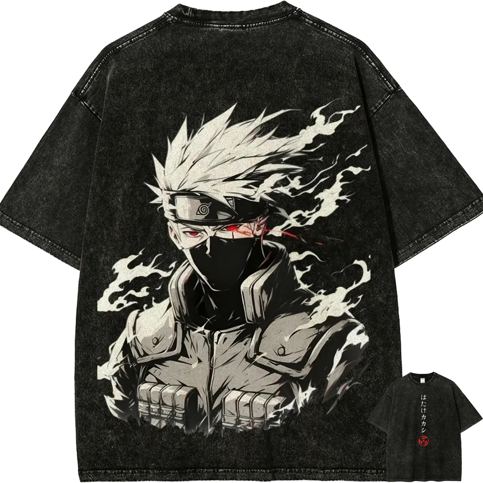 Naruto Kakashi Hatake T-Shirt Sharingan Eye Vintage Acid Wash Streetwear Übergroßes Retro Anime Grafik Baumwoll-Herren-T-Shirt