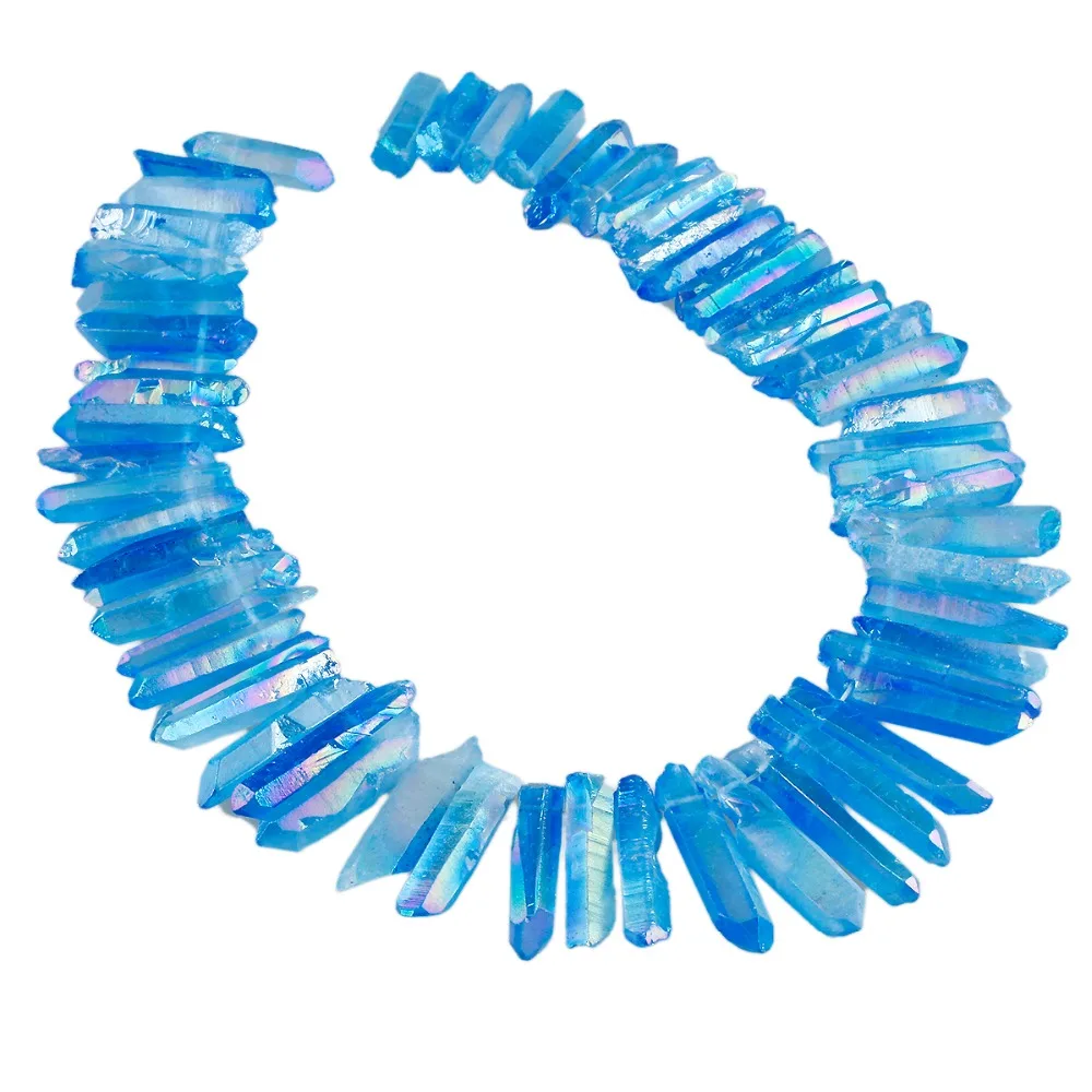 TUMBEELLUWA Crystal Points Titanium Coated Quartz Rough Sticks Spikes Point Beads 15 inch Strand Top Drilled