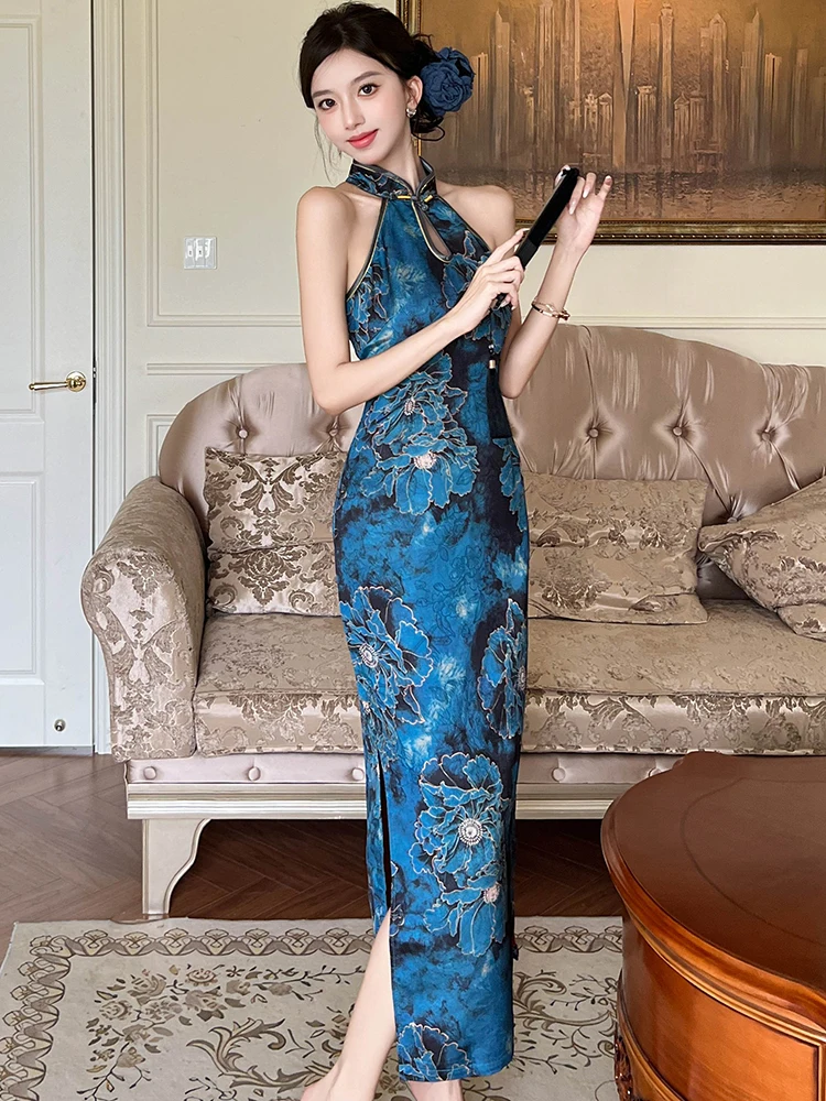 Sommerblaues Satin-Blumen-Chic, am Hals montiertes sexy langes Kleid für Damen, luxuriöses elegantes Abendkleid 2025, koreanisches Vintage-Festivalkleid