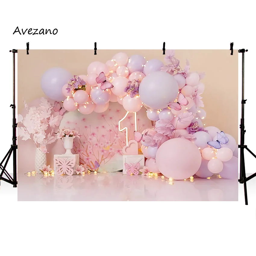 Avezano sfondo per la fotografia fiori rosa palloncino ragazza 1a festa di compleanno torta Smash ritratto sfondo Photo Studio Decor