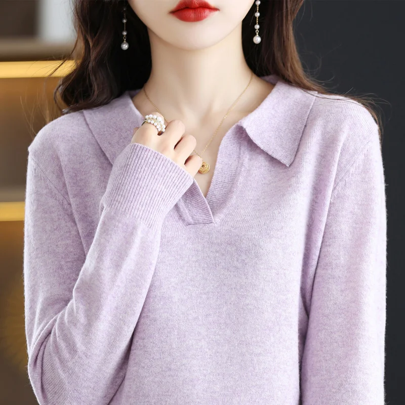 100%Wool Sweater Ladies New POLO Collar Long Sleeve Knit Pullover Spring Thin Loose Cashmere Sweater Solid Casual Wild Women Top