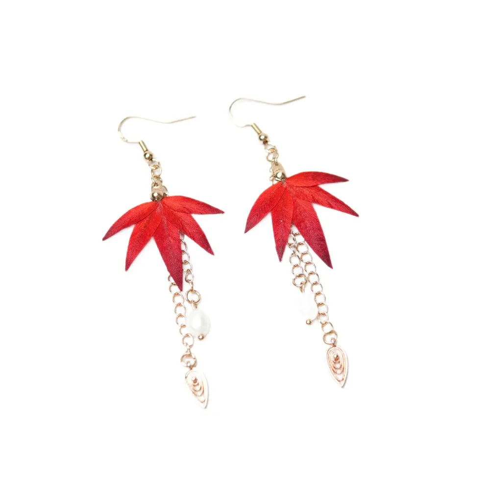 

Red Velvet Flower Maple Leaf Tassel Earrings, Chinese Style Vintage Dangle Earrings for Women