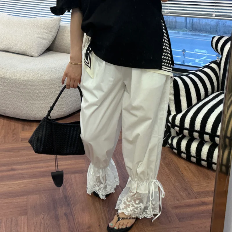 2026 Summer New Korean Style Chic Fashionable Casual Pants Elastic Waist Cuffed Lace Trim Splicing Straight Leg Pants