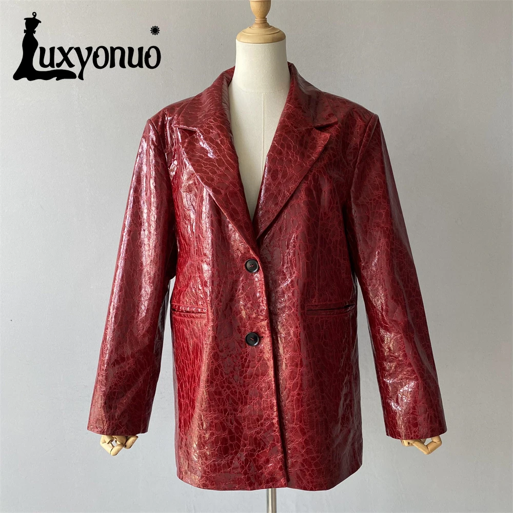 Luxyonuo jaket kulit domba wanita, Blazer kulit asli longgar warna polos musim gugur untuk perempuan