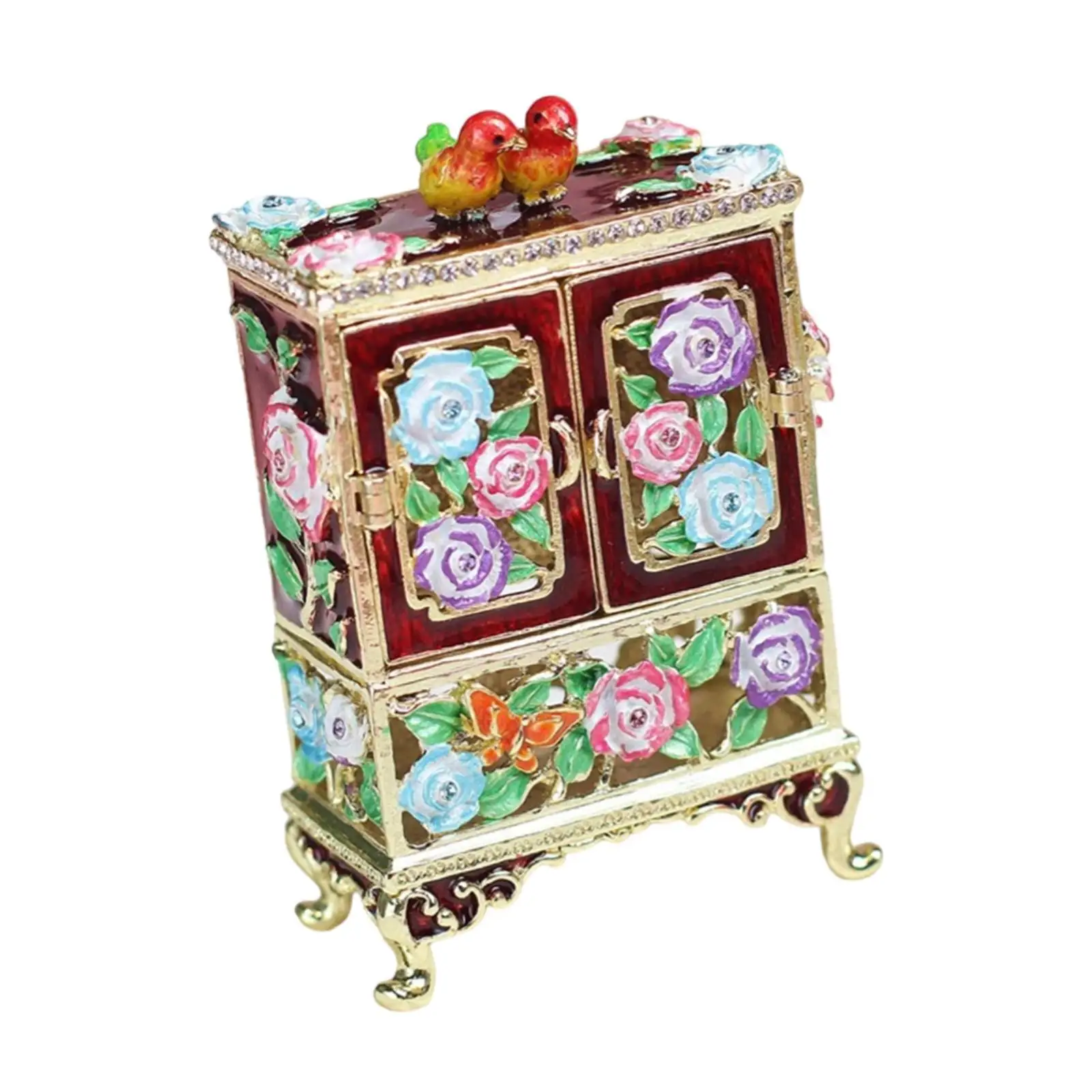 Cabinet Shaped Trinket Box Enameled Jewelry Box Portable Treasure Chest Box Decoration Vintage Style for Necklaces Bracelets