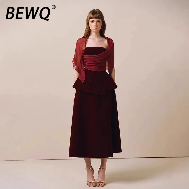 

BEWQ Fashion Women's 2 Pcs Set Wraps Patchwork Velvet Design Tops High Waist Loose Skirt Suit Evening Party 2025 Autumn New