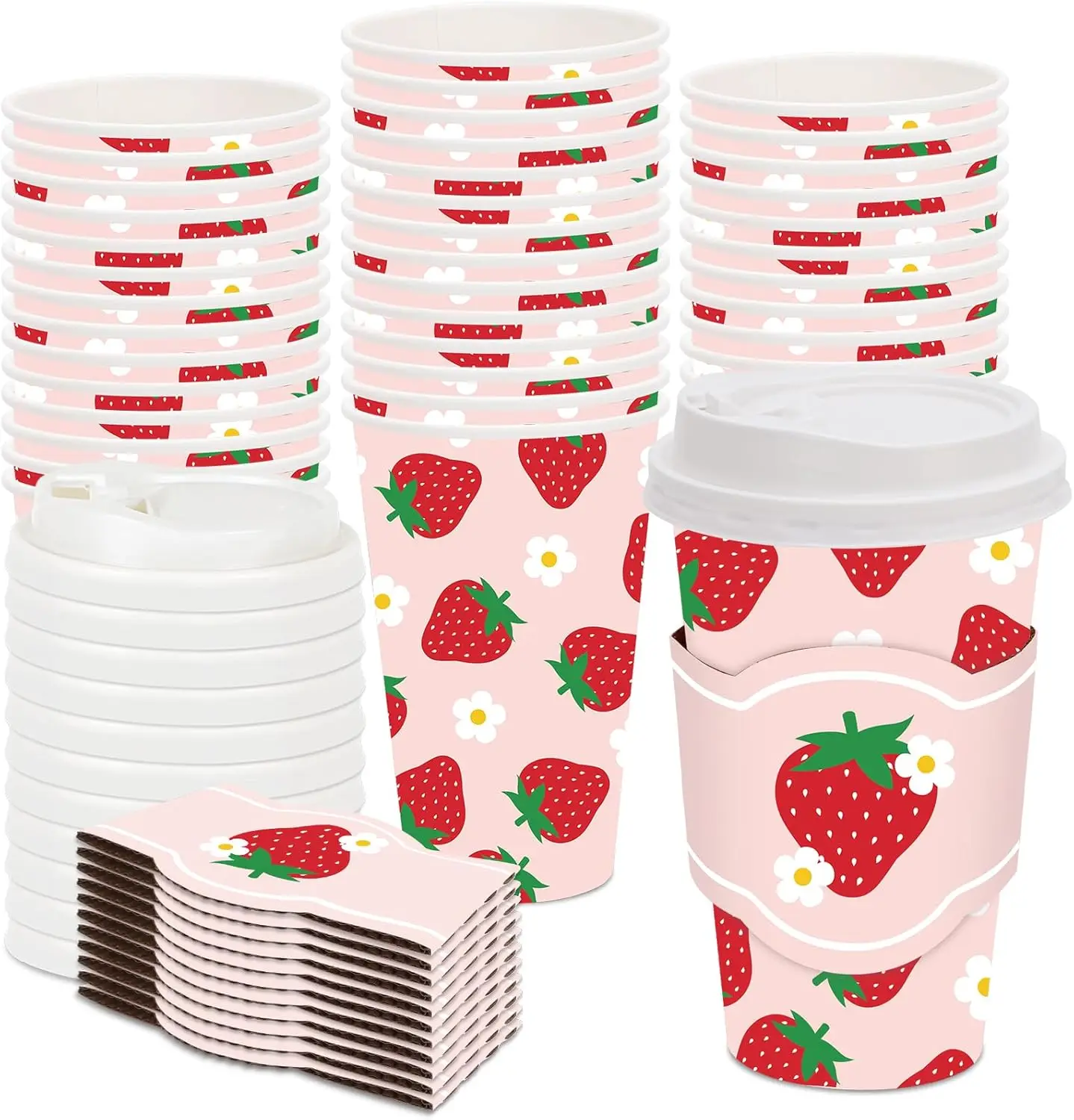 

48 Pack Strawberry Disposable Coffee Cups with Lids and Sleeves Red Pink Strawberry Flower Paper Drinking Cups for Sprin