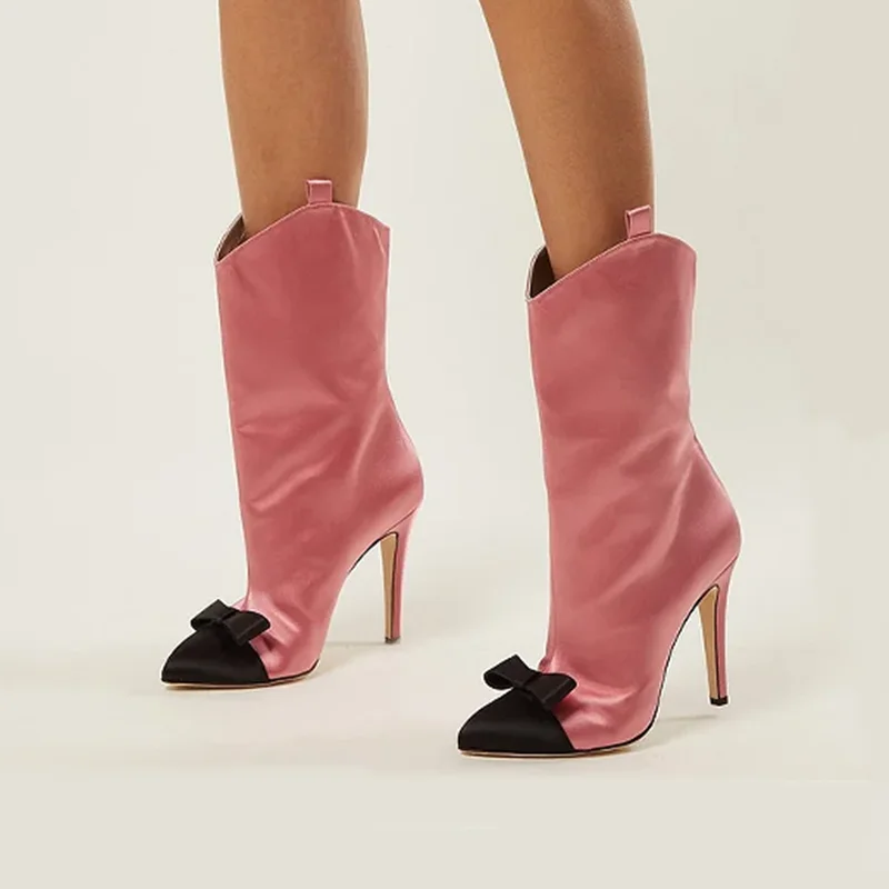 Pink Satin Black Bow Stiletto Heel Ankle Boots Slip On V Collar Mixed Color Fashion Women Spring Casual Dress Boots Rubber Sole