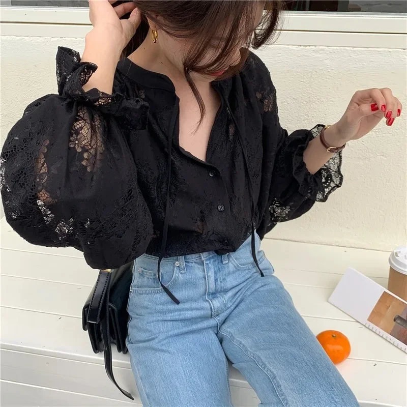 Vintage Hook Hollow Flower Blouse Women Fashion with Lace Casual Loose Lantern Sleeve Shirt Female Lace-up Black Tops Elegant