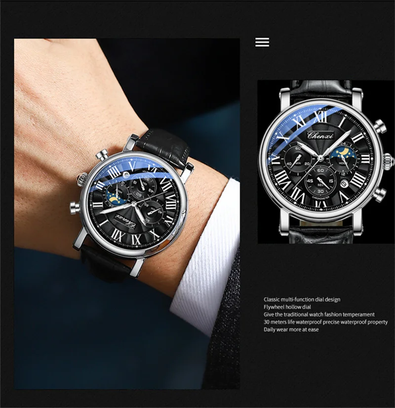 CHENXI 973 Herren-Quarz-Armbanduhr, wasserdicht, leuchtender Chronograph, Multifunktions-Mondphase-Herrenuhren, часы Afrikaans – Detail 4
