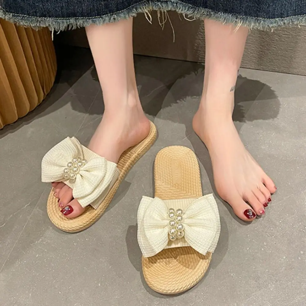 

Милые тапочки на плоской подошве с жемчужным бантом, Нескользящие пляжные тапочки из ПВХ, милая обувь, шлепанцы, сандалии на открытом воздухе