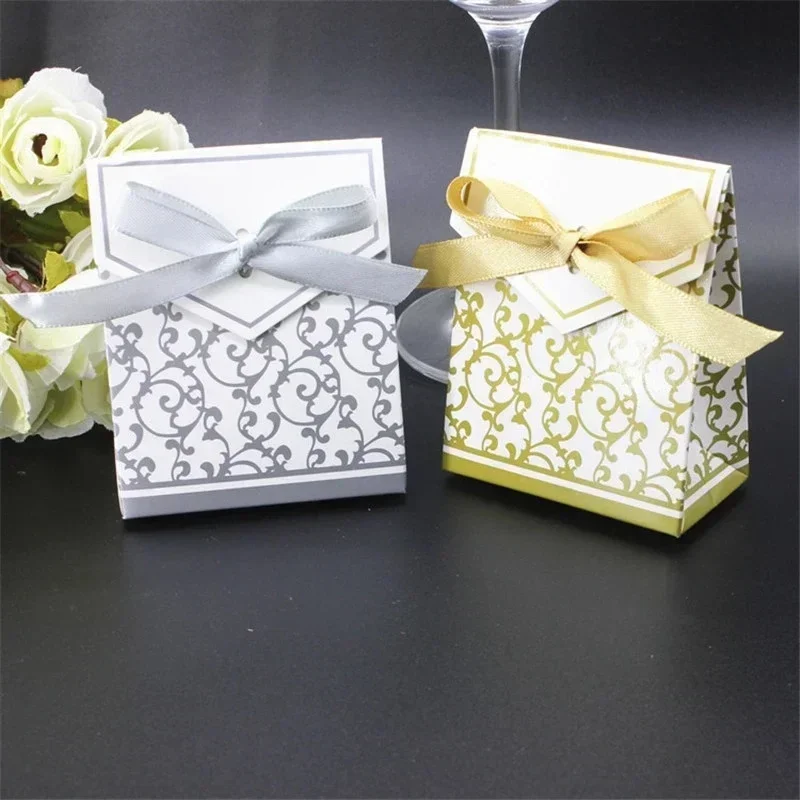 100Pcs Gold Silver Paper Candy Box Gift Bag Wedding Souvenir Packaging Baby Birthday Party Supplies Wedding Candy Chocolate Boxs