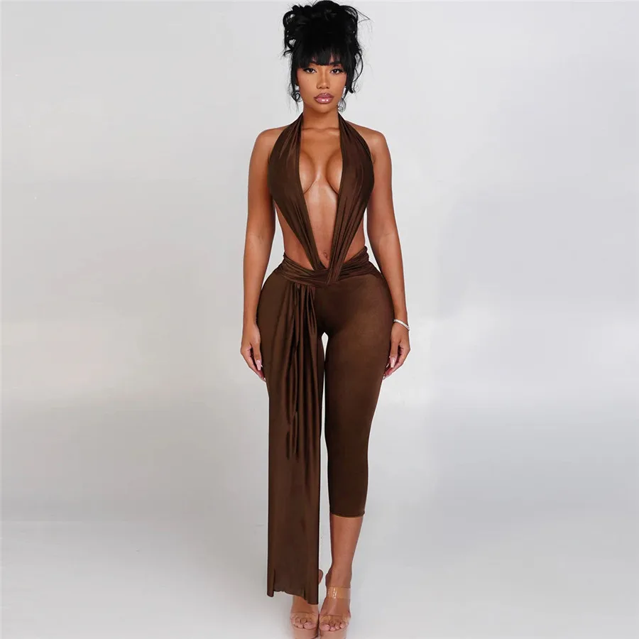 Lingerie Bodycon Jumpsuit For Women Sleeveless Deep V Halter Neck black red pink leopard print women Long rompers