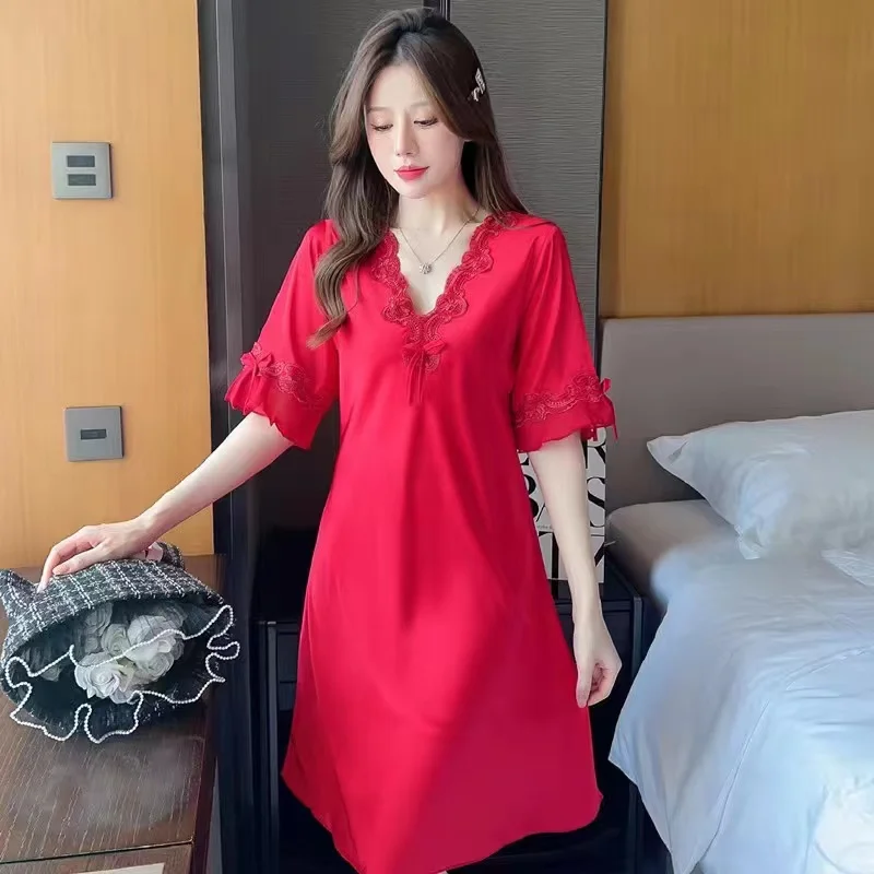 Пижамы женские летние шелковые тонкие ледяные шелковые с короткими рукавами кружевные сексуальные шелковые свободные пижамы большого размера летняя одежда для дома