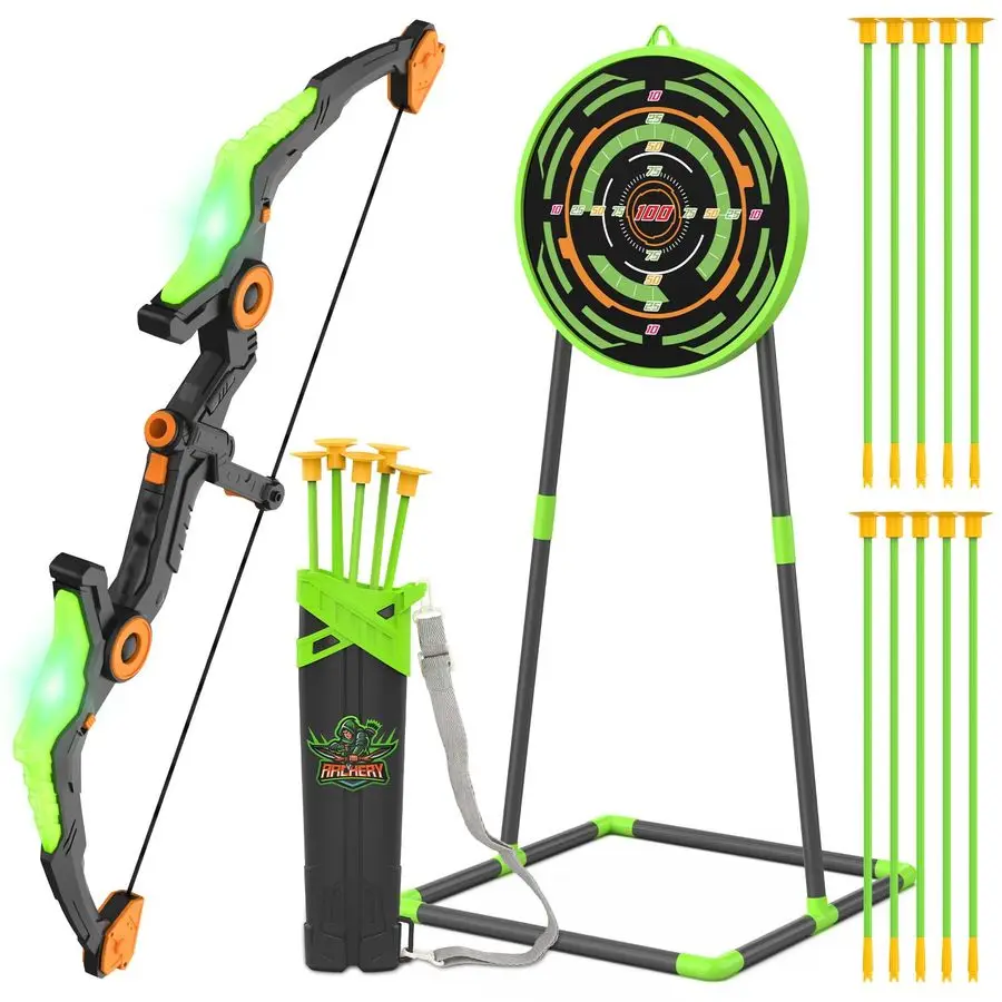 

Bow and Arrow Set with LED Flash Lights, 10 Suction Cup Arrows, Quiver and Fluorescence Standing TargetPerfect Indoor and Outdoo