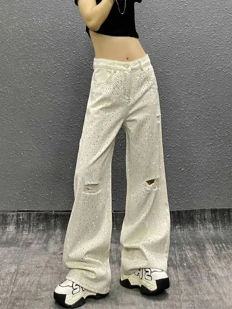 

Лето 2029, женские белые джинсы со стразами и звездным небом, свободные утягивающие прямые широкие брюки с высокой талией
