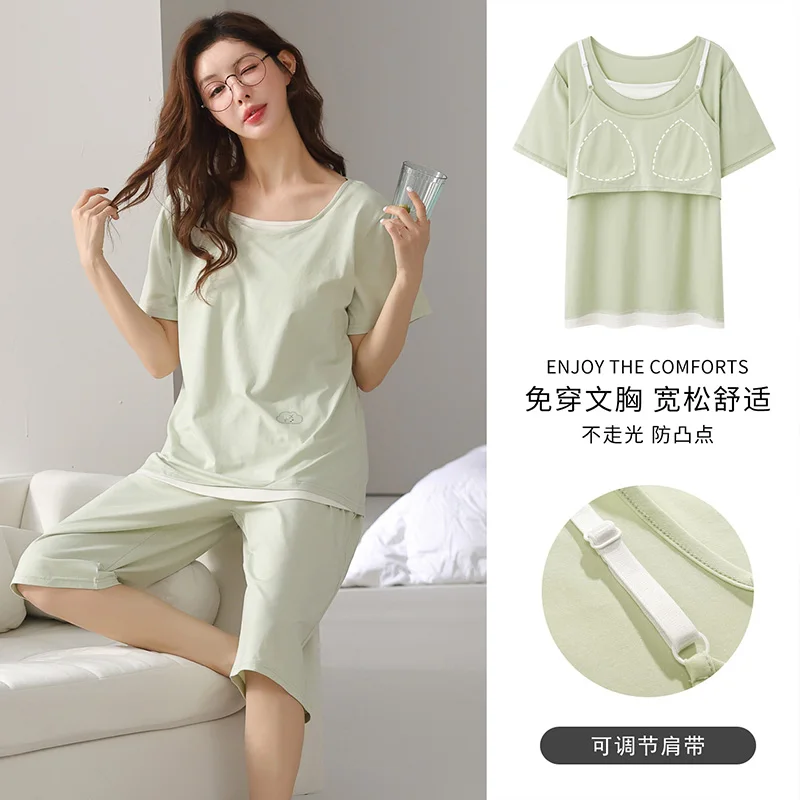 

Big Size M-4XL Summer Women Short Sleeve Pajama Sets Modal Solid Home Wear Female Pyjamas With Chest Pad
