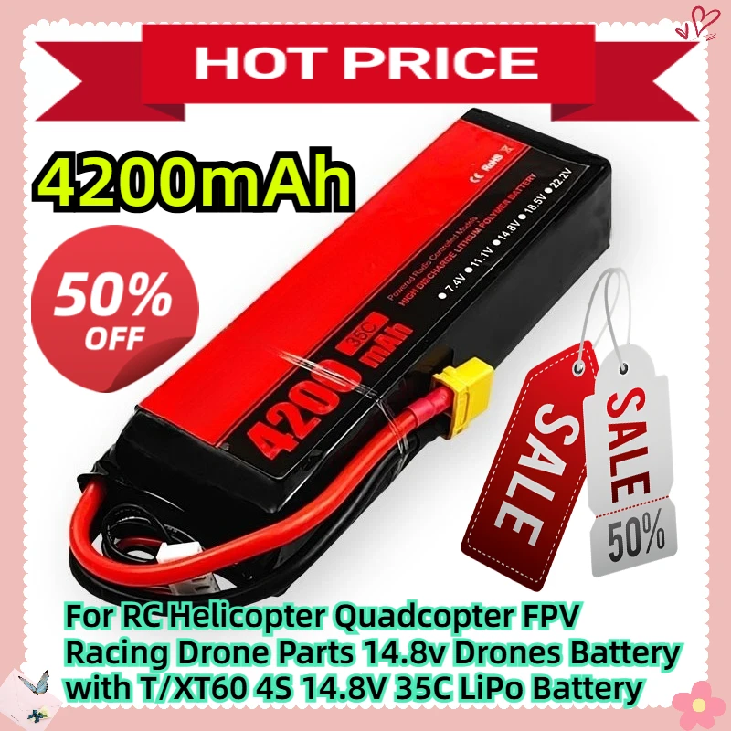 

For RC Helicopter Quadcopter FPV Racing Drone Parts 14.8v Drones Battery with T/XT60 4200mAh 4S 14.8V 35C LiPo Battery