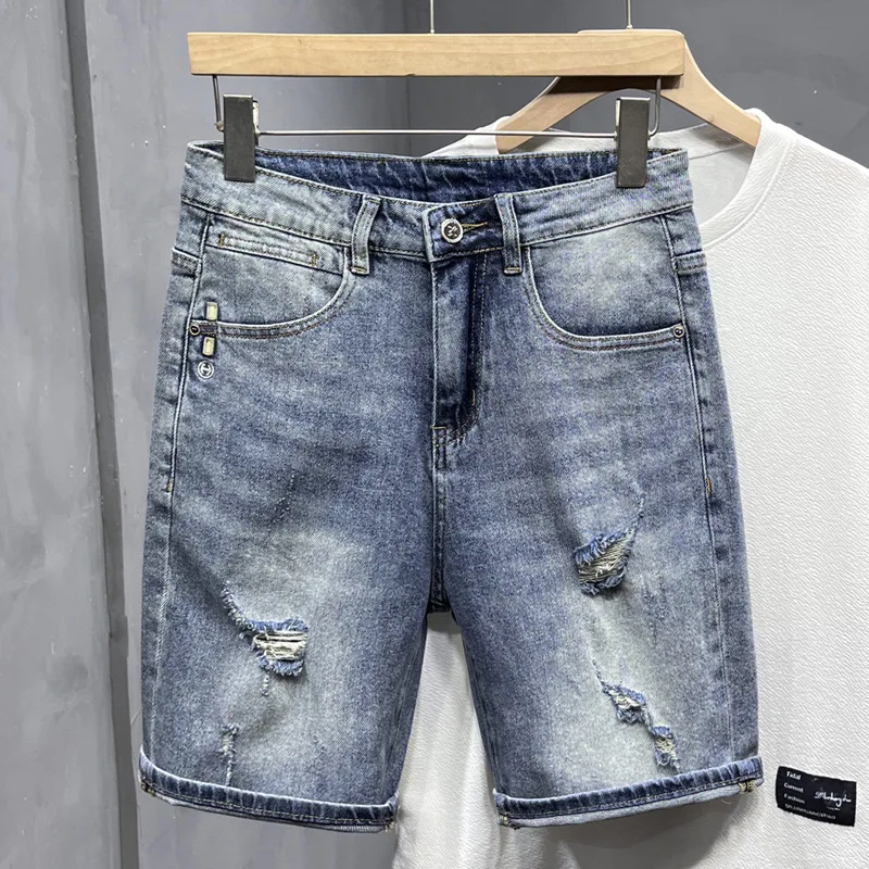 Elastic soft denim shorts men's fashionable high-end trendy scratch casual all-match Street summer thin cropped pants