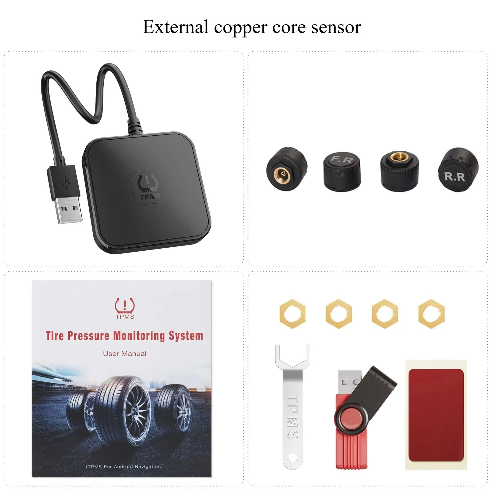 USB Android TPMS Tire Pressure Monitoring System Display Alarm System 5V Car 4 External Sensors 8Bar 116psi for universal cars