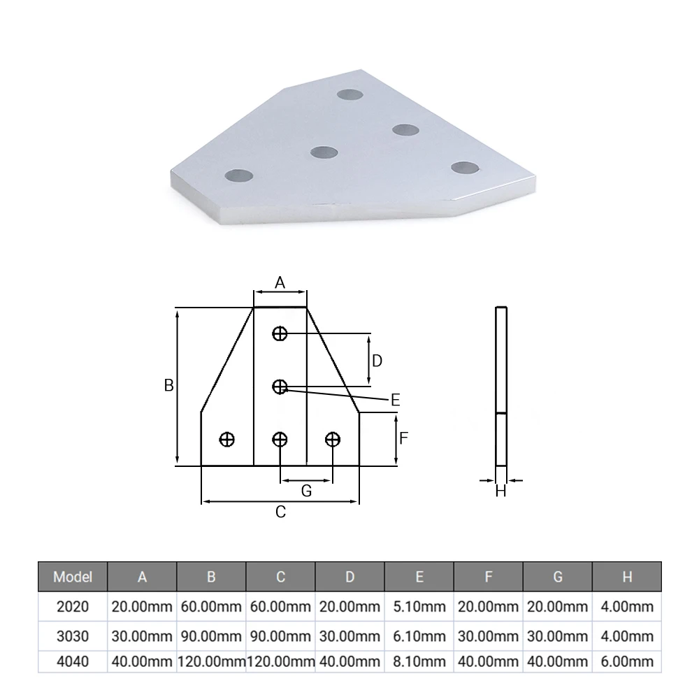 Placa de junção em T para perfil de extrusão de alumínio, 5 furos, suporte, compatível com 2020, 3030, 4040, 4pcs por lote