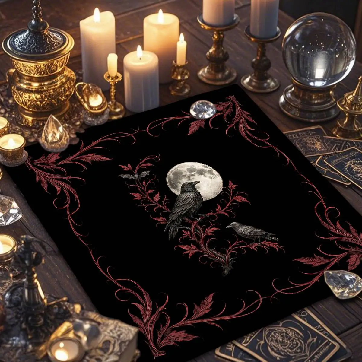 Triple Moon & Crow Altar Cloth Tarot Tablecloth For Spread Tarot Reading Cloth Floral Tapestry Witchcraft Board Game Card Pad view 3