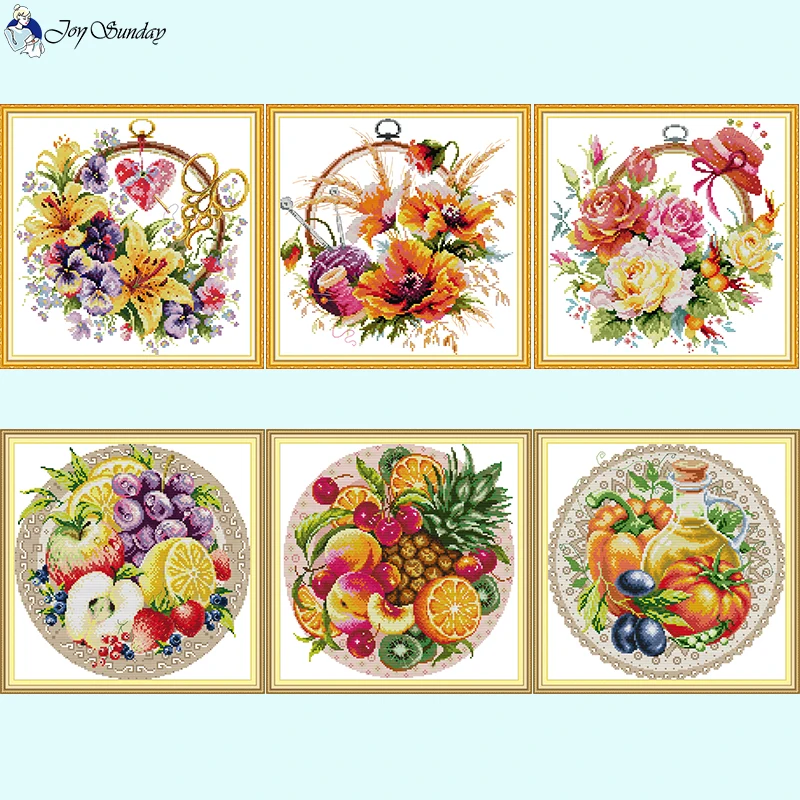 Flower Basket and Round Fruit Series Cross Stitch Kit Aida 14ct 16ct HD Printed Fabric Embroidery Set DIY Home Decoration Crafts