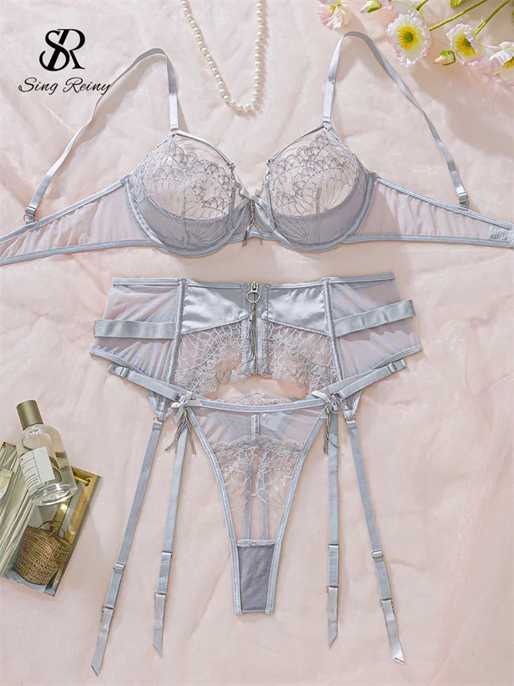 

SINGREINY Hollow Out Zippers Erotic Underwear Sets Fashion Sheer Skinny Lingerie Female Embroidery Spliced Sexy Bra&Brief Suits