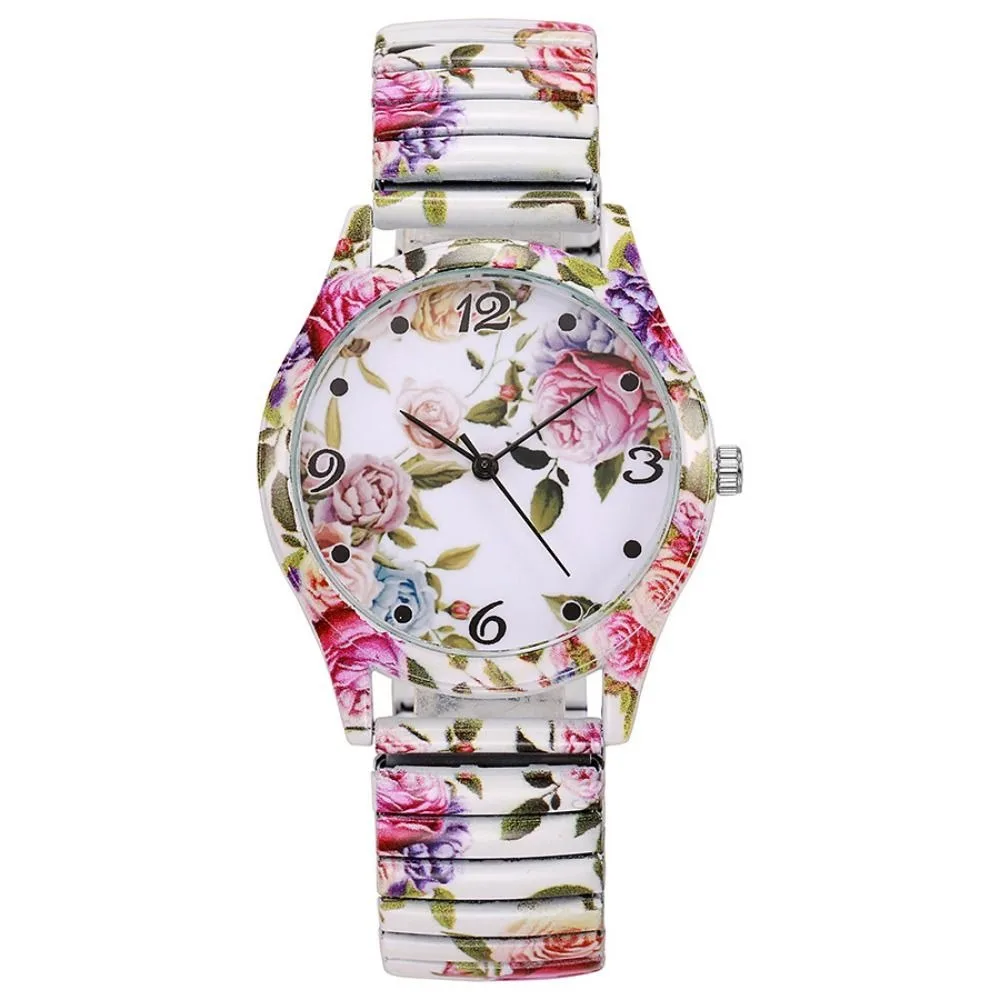 Flower Printed Flower Printed Watch Lightweight Elastic Strap Arabic Dial Watch Quartz Movement Women Quartz Wristwatch