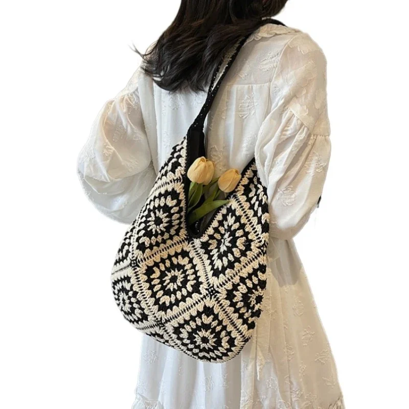 

Trend Weaving Bag Women 2025 New Cotton Rope Beach Ethnic Style Large Capacity Bucket Bag Simple Underarm Bags