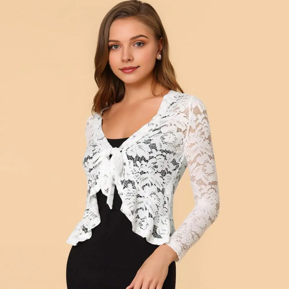 Lace Bolero For Women Tie Front Floral Lace Ruffle Coat Lady Cardigan Long Sleeve Cover Up Jacket Formal Office Sheer Crop Shrug