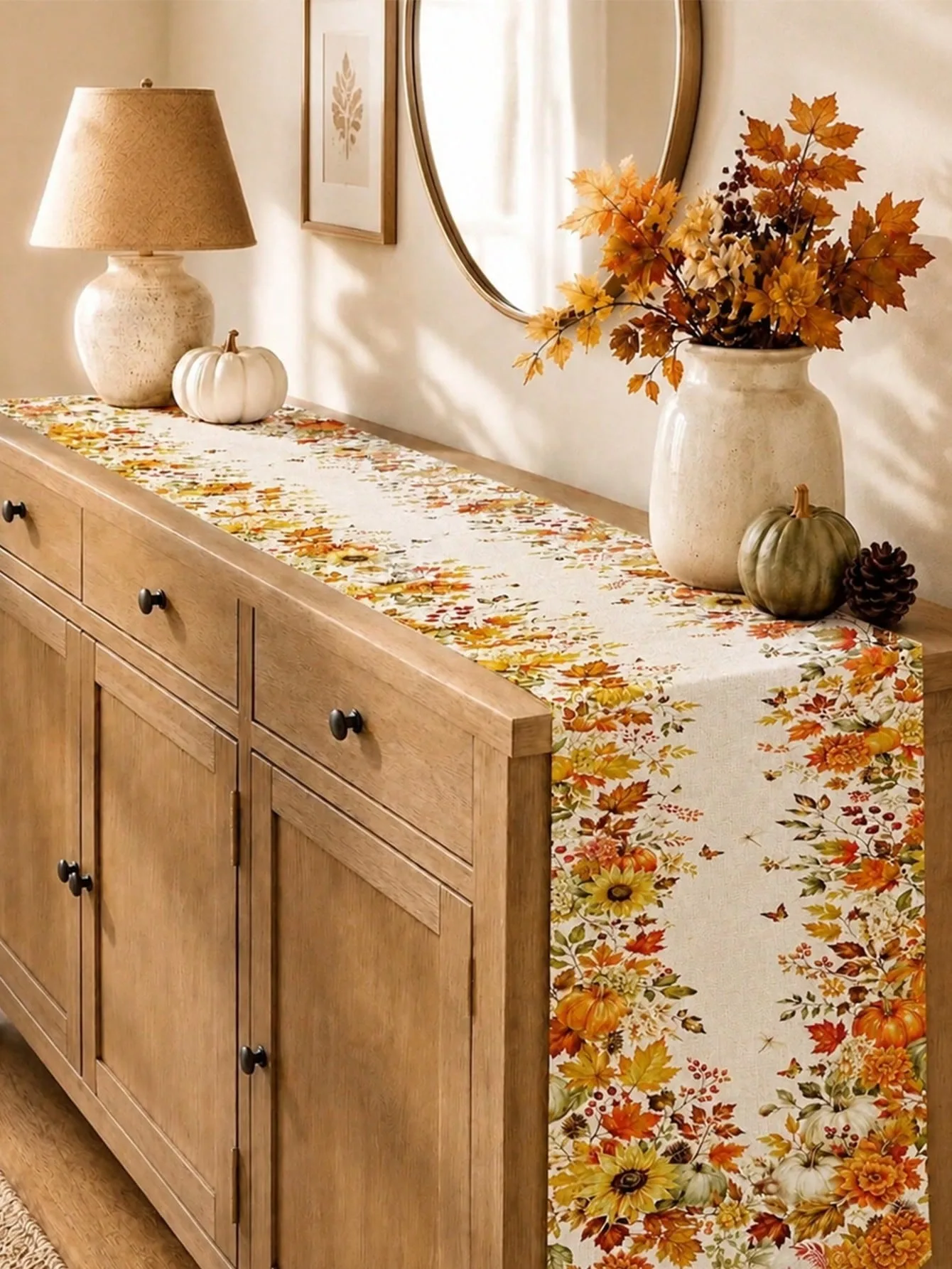 1pc Fall Thanksgiving Autumn Sunflower Floral Pumpkin Pattern Table Runner for Dining Kitchen Living Room Dinner Party
