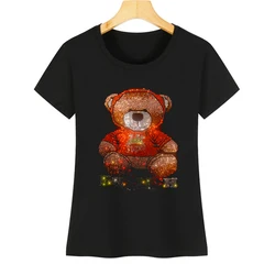 IZEVUS New women's summer casual short-sleeved T-shirt New rhinestone flash drill hot sale cute teddy bear T-shirt