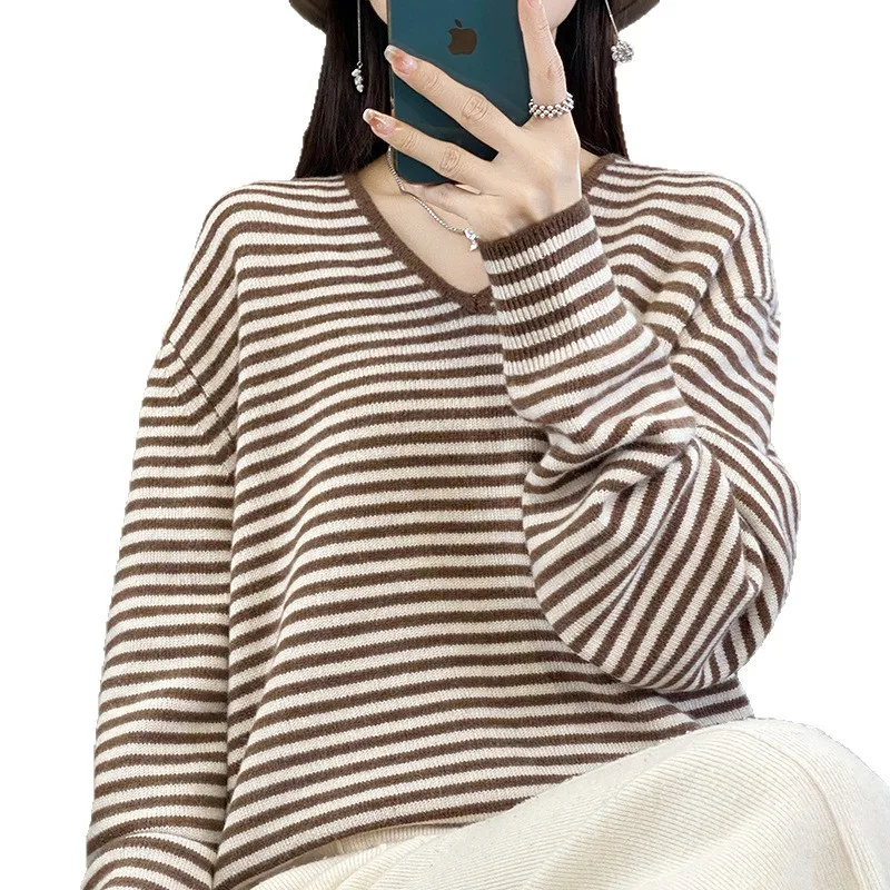 % Wool Sweater Women Pullover Autumn Winter New Knitted Long Sleeve Simple Striped Jacquard