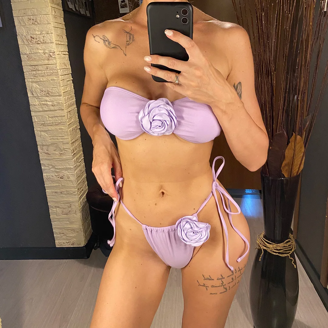 14 Farben, 3D-Blumen, Bandeau-Bikini mit hohem Beinausschnitt, Damen-Badeanzug, zweiteiliges Bikini-Set, Badebekleidung, Badeanzug, Modell V5265. – Detail 17