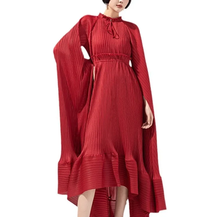 

Miyake Pleated Dress Women Design Fashionable Loose Temperament Lotus Leaf Collar Cape Style Irregular Long Skirt 2023 New Style