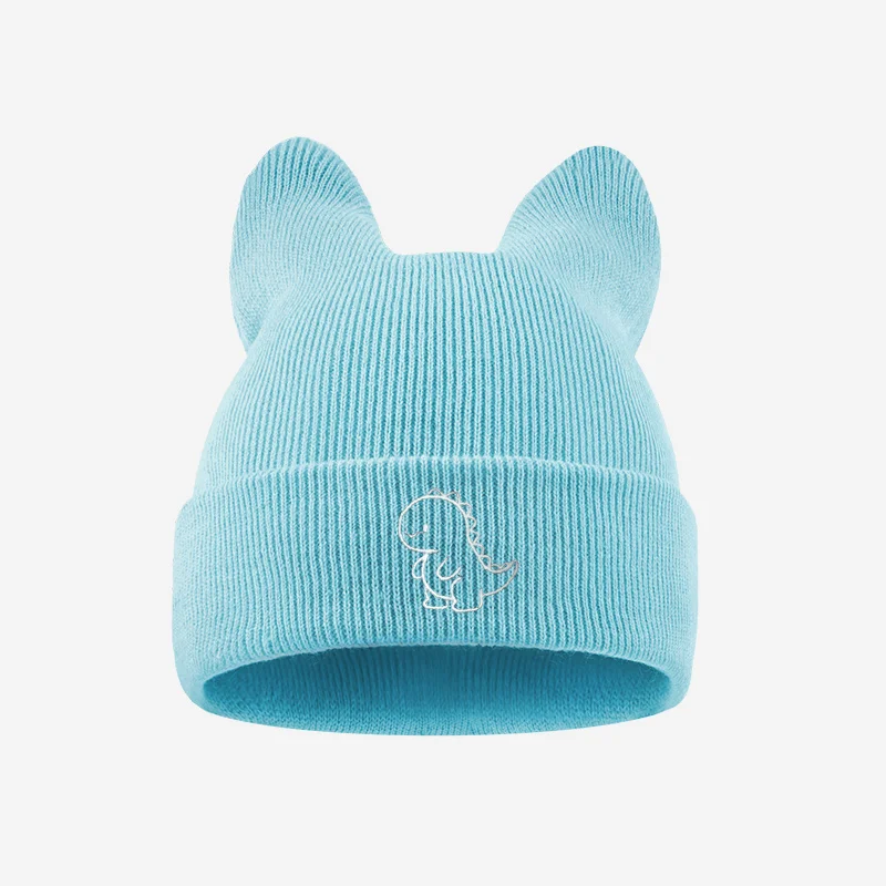 Toddler 1-3Y Sweet Cartoon Dinosaur Embroidered Knit Hat, Cozy Winter Cat Ear Beanie for Park Play & Kindergarten view 3