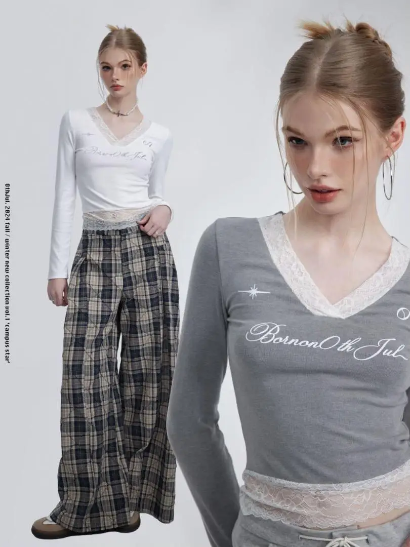 

Женский облегающий трикотажный топ OthJul с кружевной отделкой и V-образным вырезом, с завышенной талией, универсальный, для повседневной носки, из хлопка, полиэстера и спандекса...