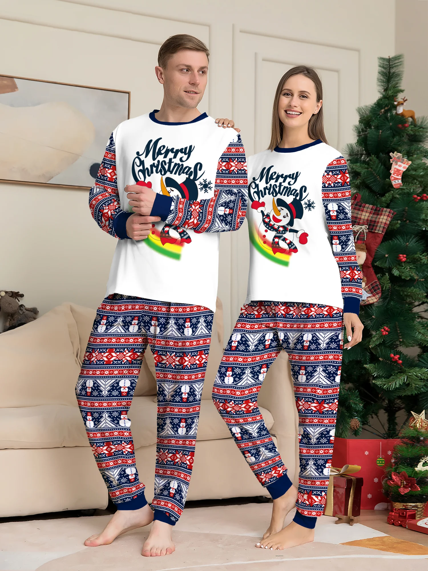 

Christmas Couple Pajamas Set: Snowman & 'Merry Christmas' Print Tops with Fair Isle Pattern Pants