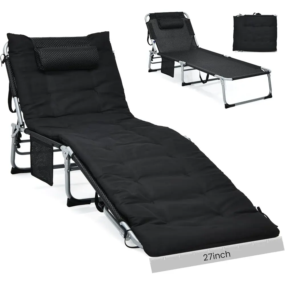 

Portable Outdoor 3-in-1 Folding Lounger with Mattress, Side Pocket, and Carry Strap for Lawn, Beach, Adults (Black)