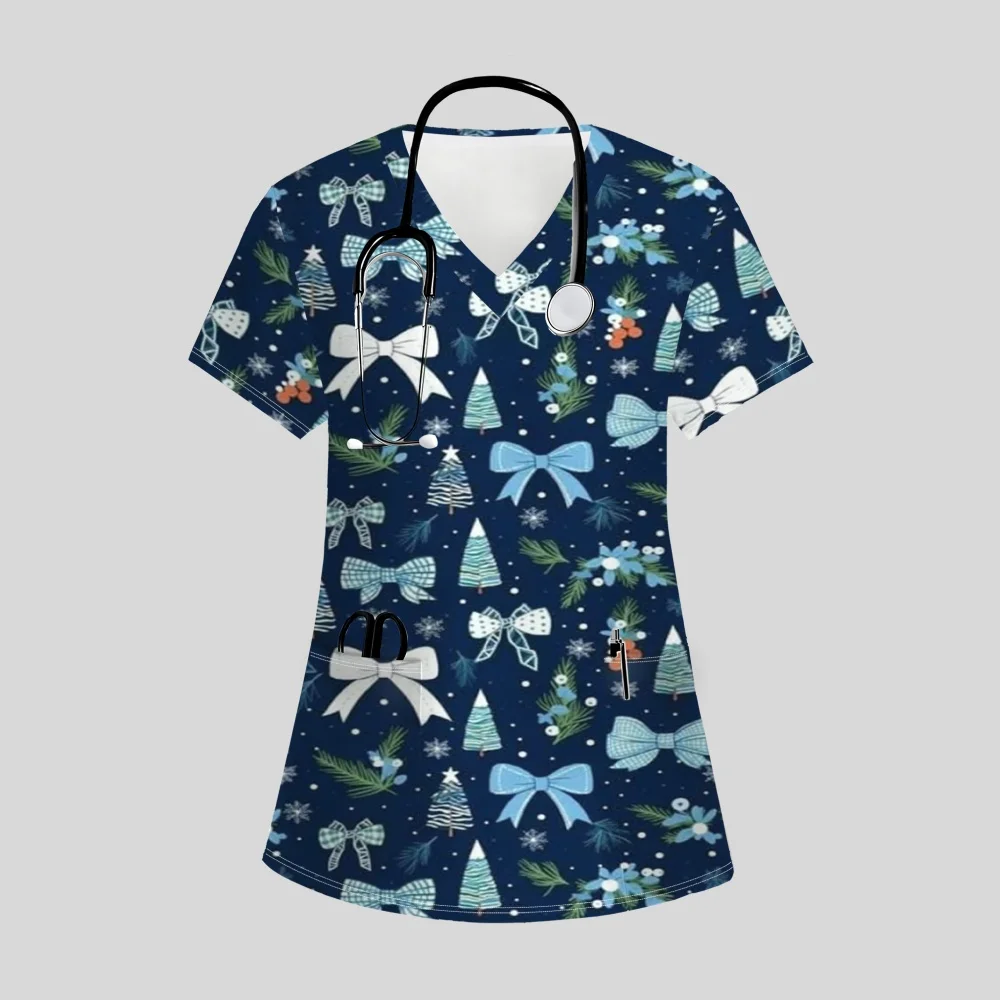 Weihnachts-Chirurgie-Uniform für Damen, T-Shirt mit V-Ausschnitt, einzigartigem Musterdruck, bequem, kurzärmelig, mit Taschen, klinische Uniformen