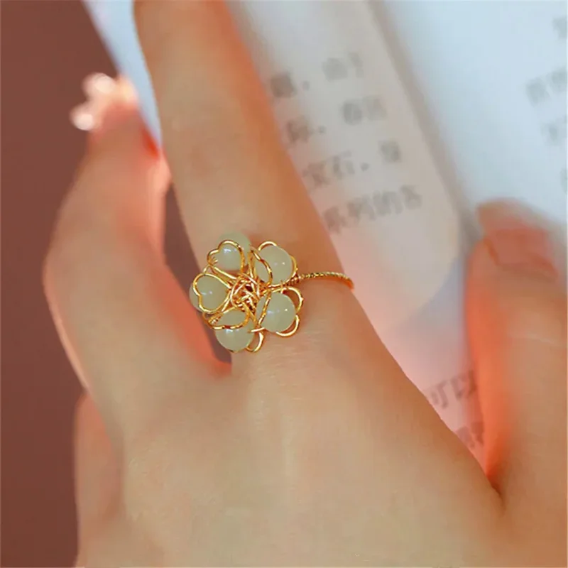 

Natural Hetian Jade Hand-wound Ring Female Luxury Jewelry Niche Opening Adjustable Netflix Premium Sense Vintage Cute Girl Gift