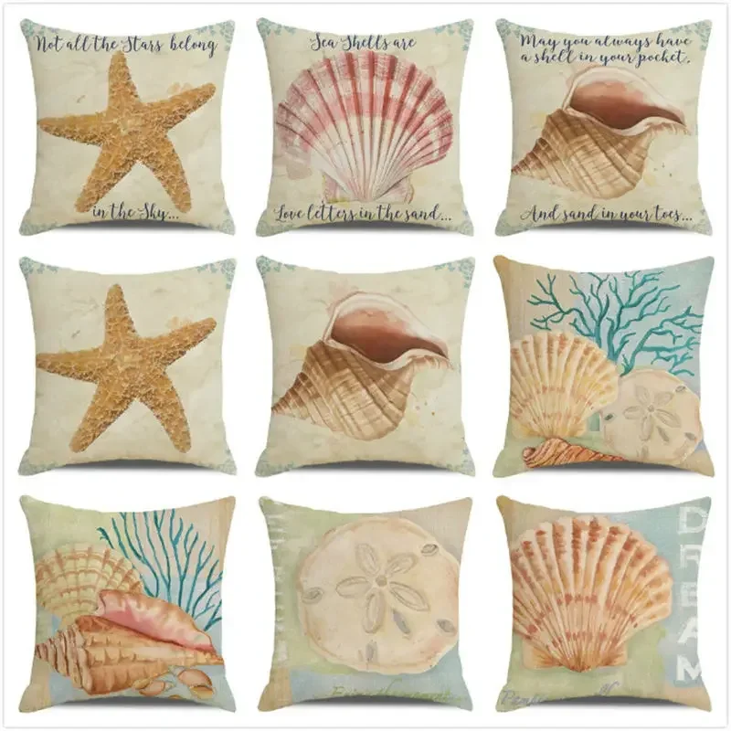 Conch Sea Star Scallop Cushion Cover Retro Marine Life Pattern Pillowcase Home Indoor Decorations Shellfish Printed Pillow Cover