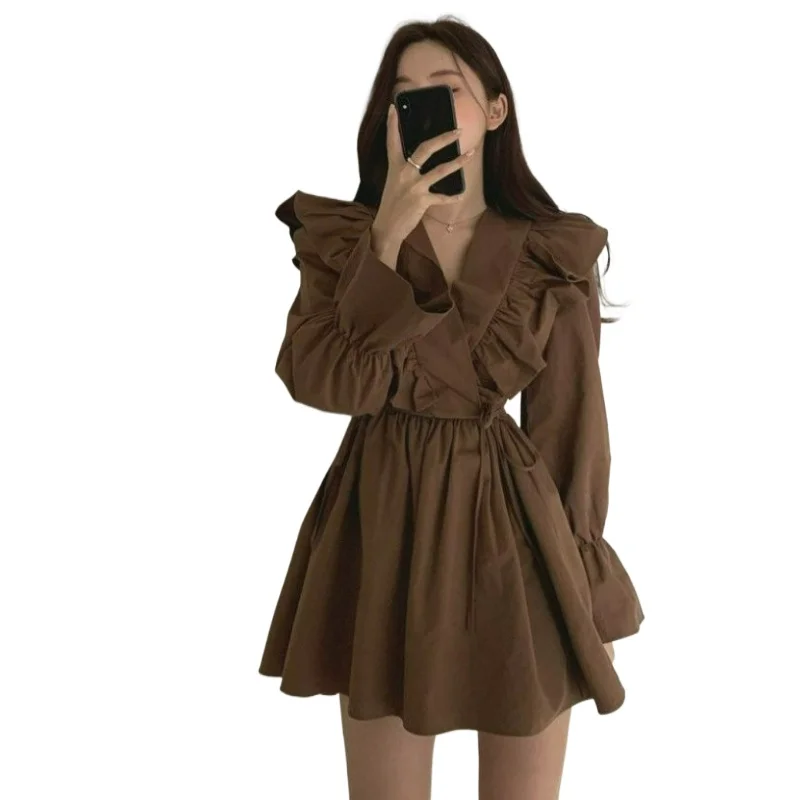 European and American Light Blue Lapel Metal Buckle Zipper Bubble Sleeve Lace Edge Drawstring Waist Short Dress Fresh Women